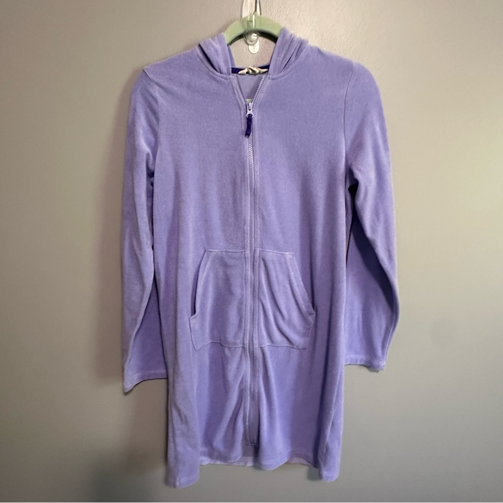Lands End Girls Lavender Terry Cloth Hooded Lounge Dress Full Zip XL 16